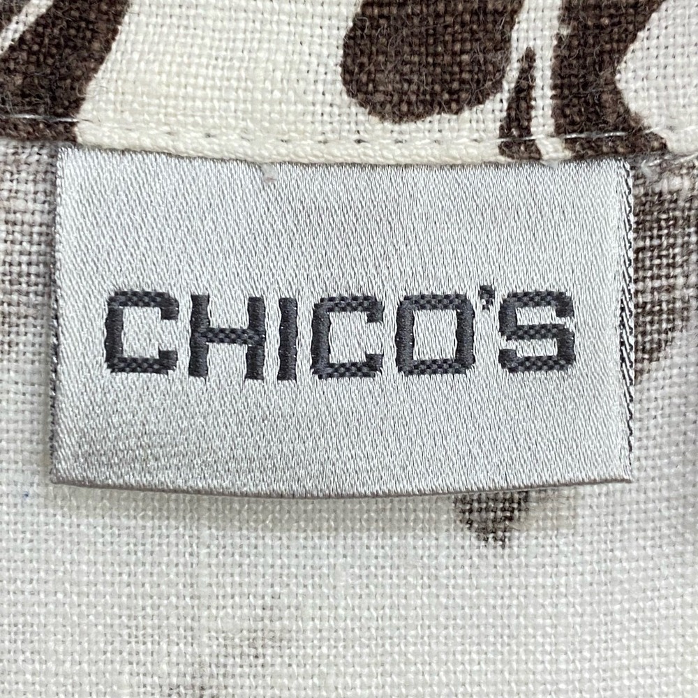 Chicos Shirt Large 2 Brown Linen Geometric Camp Top Gauze Safari Vacation Resort - Picture 4 of 9